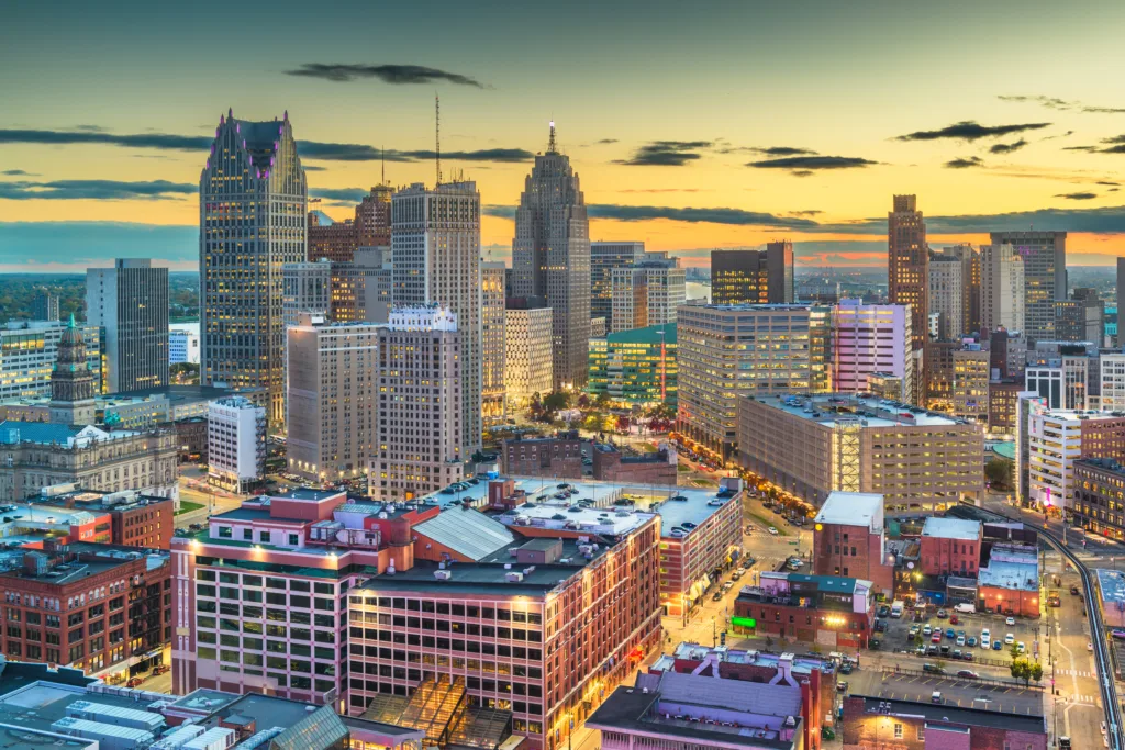 Detroit, Michigan, USA, Downtown, Skyline ,From, Above, At, Dusk.