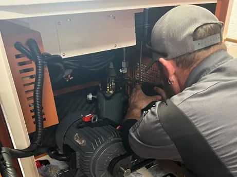 A Hodge Industrial air compressor being repaired by a specialist